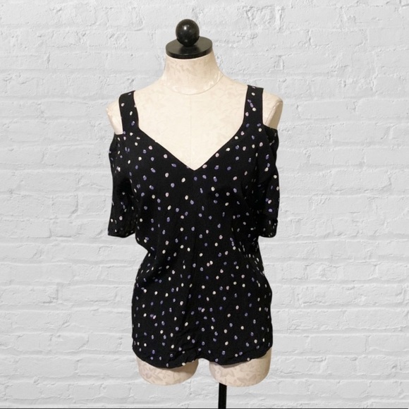 Anthropologie Maeve Bremen Polka Dot Cold Shoulder Top Navy Large - Picture 10 of 12